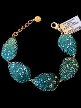 Alfani Gold Tone Green Enamel Speckle Palm Leaf 7.25" Bracelet W/Extender NWT